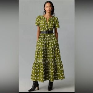 Anthropologie Somerset Geometric Tiered Maxi Dress in Moss (Size SP)